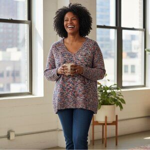 Lou & Grey LOFT Women's Metallic Chunky-Knit V-Neck Long Sleeve Sweater L‎ Large